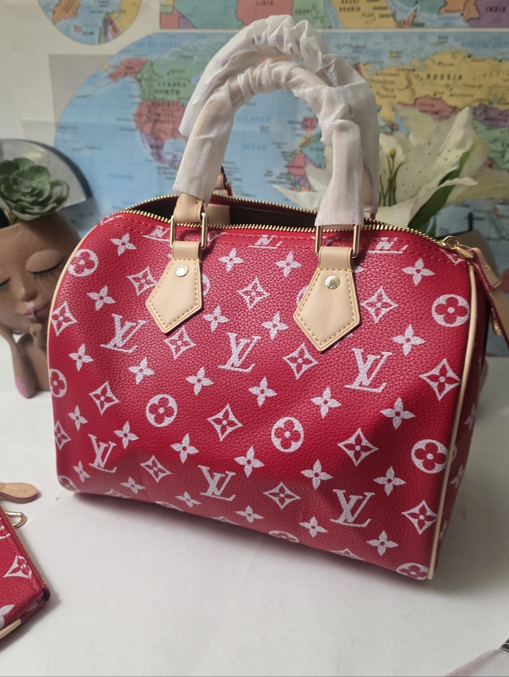 🍎Vib Red Monogram Canvas Speed 25 Shoulder Bag with Tan Trim b9